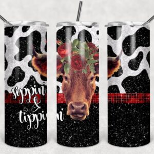 Sippin & Tippin, Cow Hide Glitter Pattern, 20oz. Skinny Straight Tumbler, PNG File