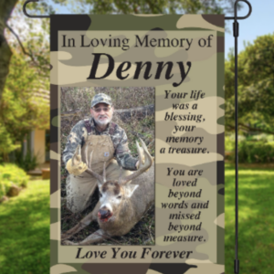Personalized Photo Memorial Garden Flag, Any Message Double Sided, In Loving Memory Cemetery Grave Flag Decor, 12"x18" in size.  Camouflage Design